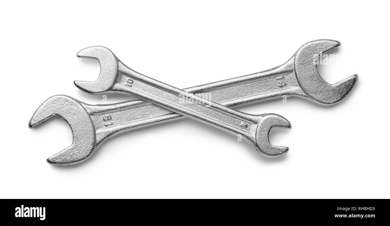 Blick von oben auf die zwei silbernen Schlüssel isoliert auf weißem Stockfoto