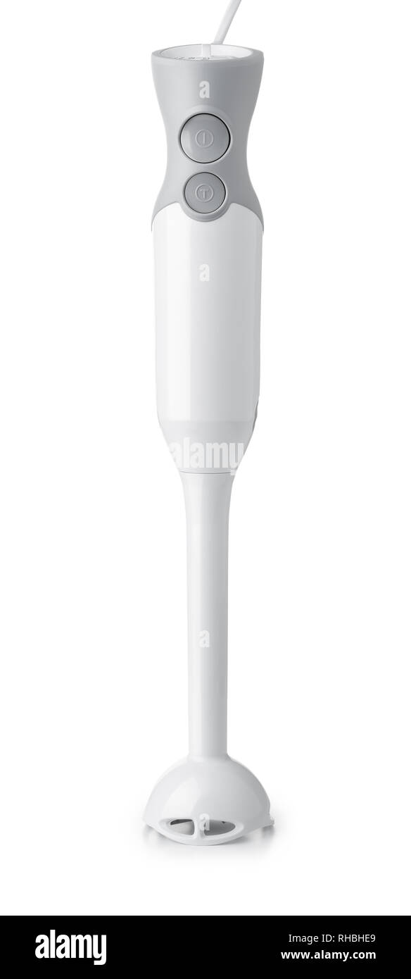 Vorderansicht des elektrischen Stabmixer isoliert auf weißem Stockfoto