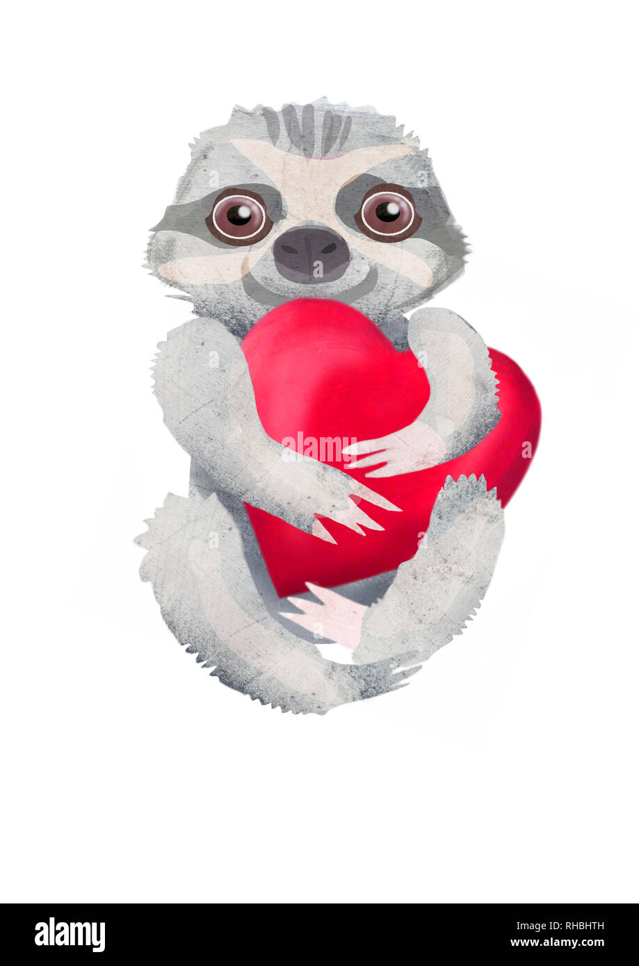 Folivora. Drei-Sitzung toed sloth Tier mit roten Herzen. Hand Zeichnung Cartoon Illustration auf weißen Hintergrund isoliert. Happy Valentines Tag Karte. Stockfoto
