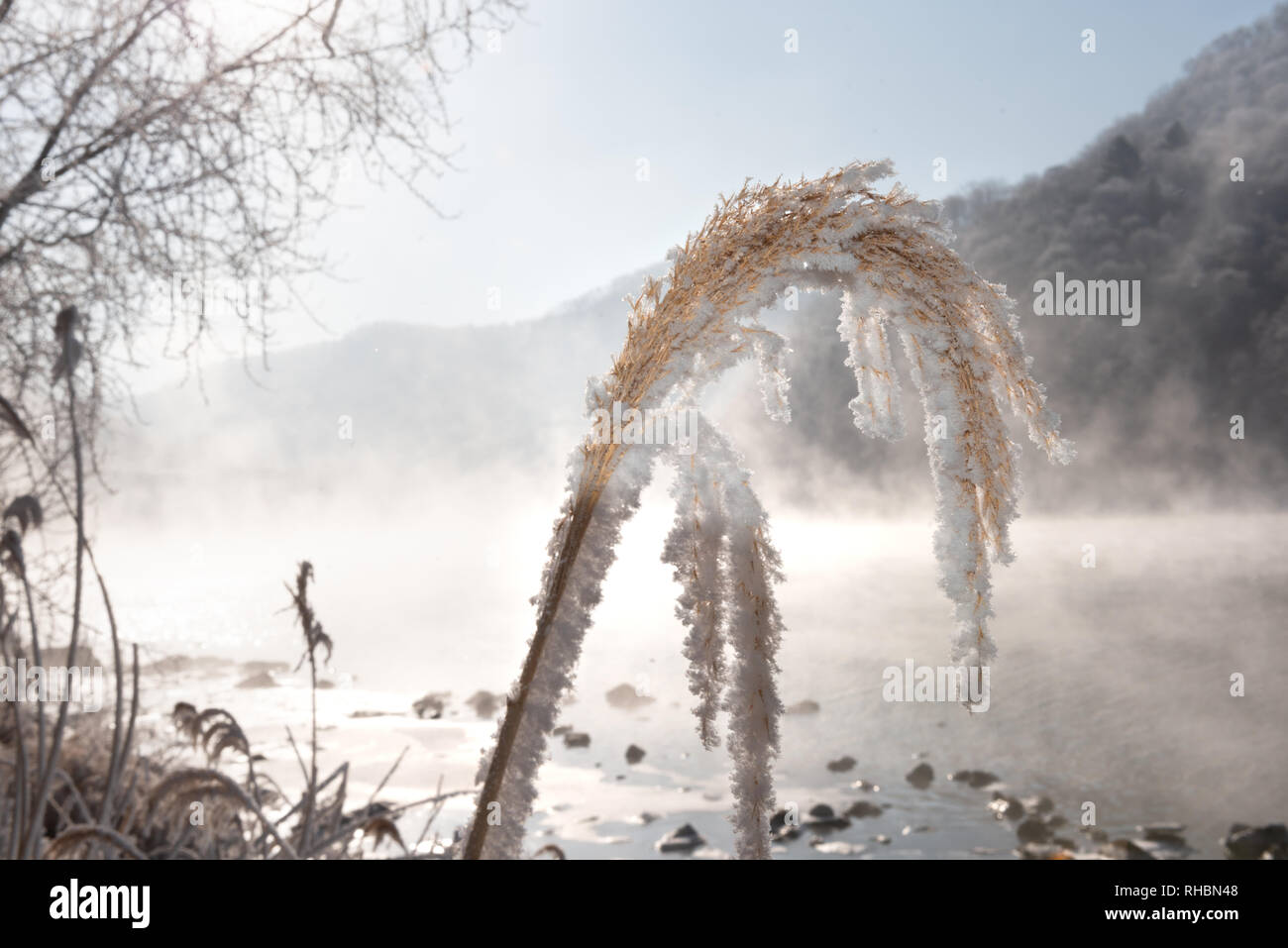 Am frühen Morgen auf dem LiuShu Fluss, HuaDian, Jilin Stockfoto