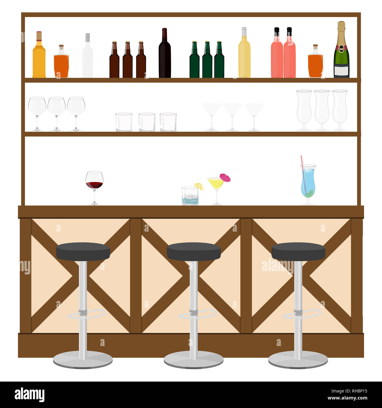 Trinken Haus. Innenraum der Pub, Cafe oder Bar. Theke, Stühle und Regale  mit Alkohol Flaschen. Vector Illustration Stockfotografie - Alamy