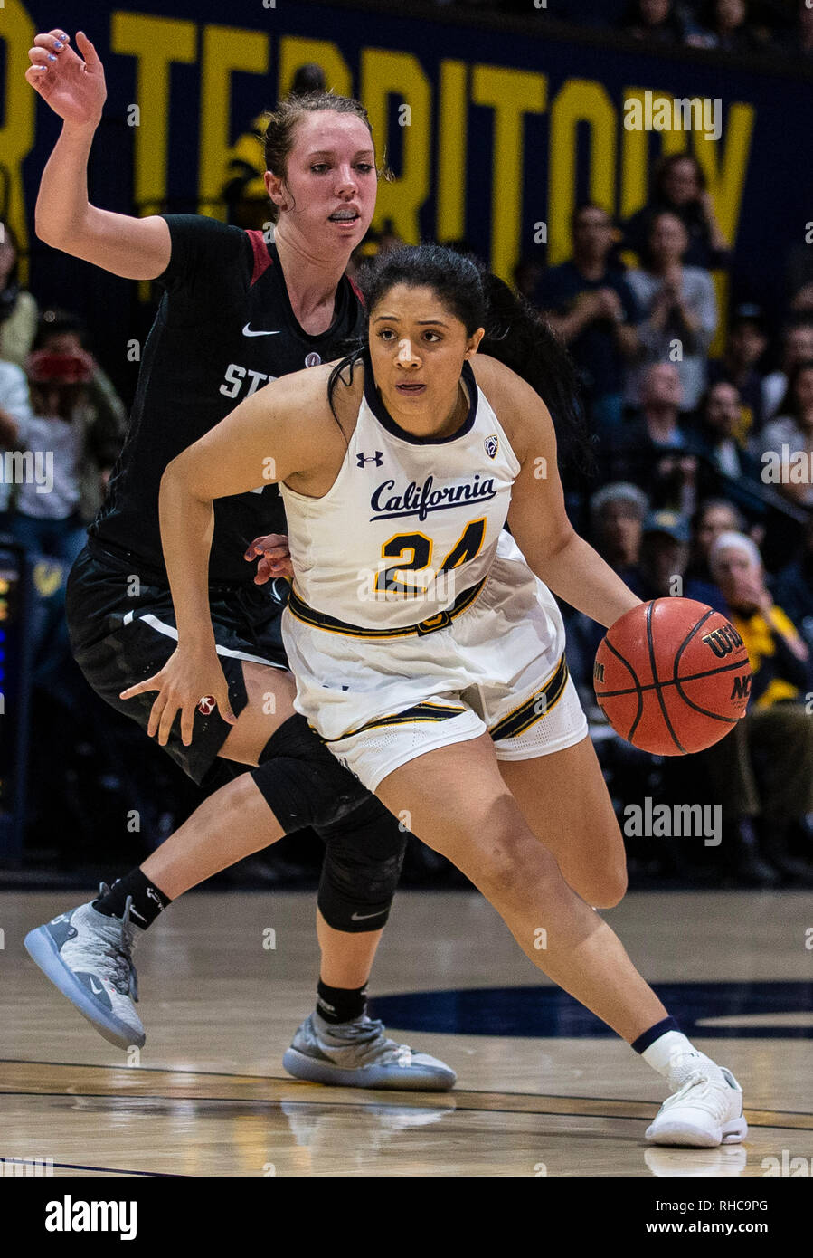 Berkeley, CA USA 31 Jan, 2019. A. in Kalifornien guard Recee" Caldwell (24) bringt den Ball Gericht während der Basketball Spiel der NCAA Frauen zwischen Stanford Kardinal und die Kalifornien goldenen Bären 81-80 Gewinn an Hass Pavillon Berkeley Calif Thurman James/CSM/Alamy leben Nachrichten Stockfoto