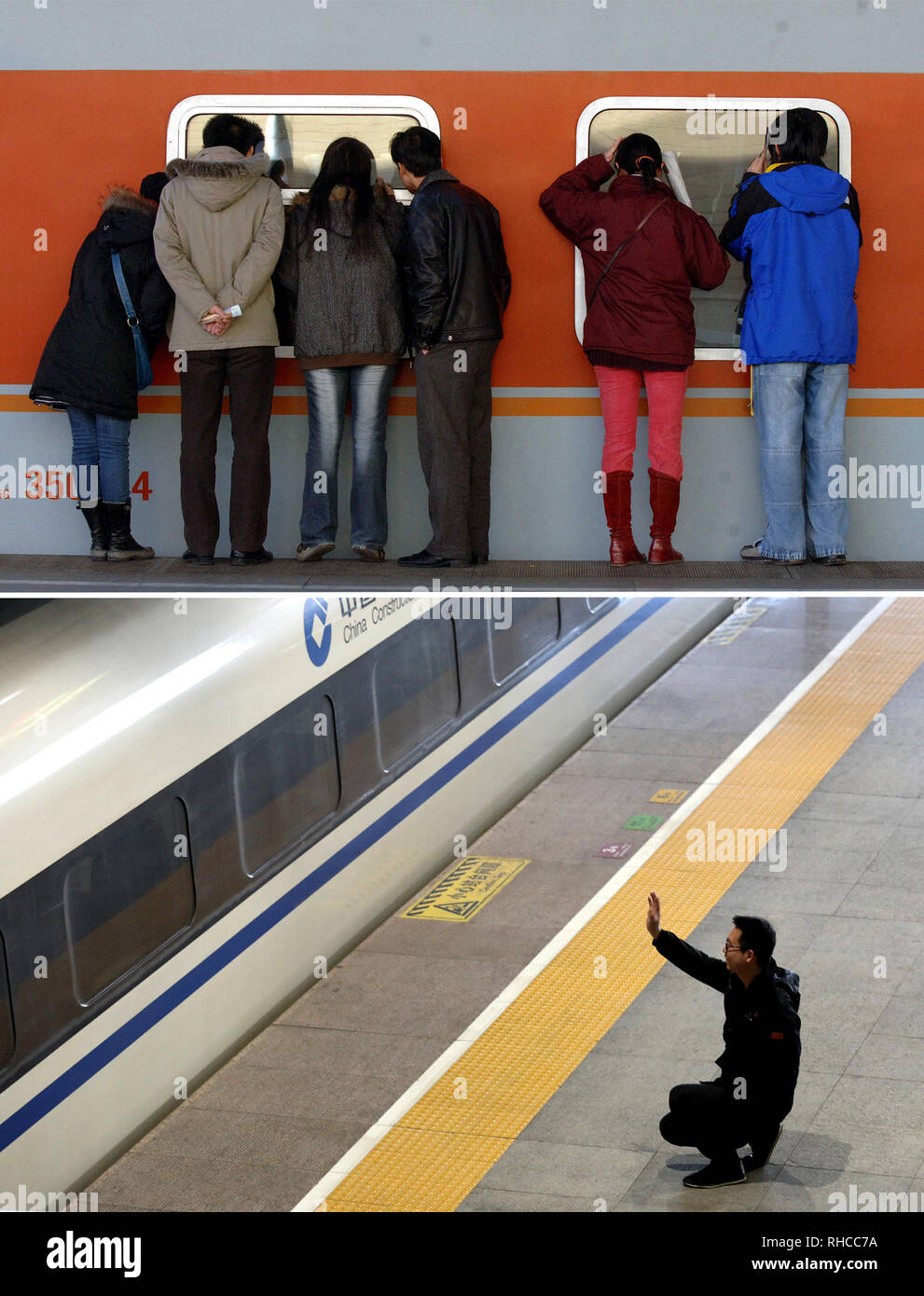 (190202) - Peking, Februar 2, 2019 (Xinhua) - Diese combo Foto zeigt Menschen spähen durch Zug Windows wie Sie weg sehen Freunde und Verwandten an der Beijing Railway Station in Peking, der Hauptstadt von China, Februar 3, 2007 (oben, Foto von Li Wen übernommen); und ein Mann Abschied winkend zu seinen Familienangehörigen, die an Bord einer Abfahrt Zug am Bahnhof in Shijiazhuang Shijiazhuang, nördlich der chinesischen Provinz Hebei, Jan. 21, 2019 (unten, Foto von Liang Zidong). China ist mit seinen jährlichen Besonderen '40 Tage' oder Spring Festival reisen Rush, das betitelt ist als die "größte Migration auf Stockfoto