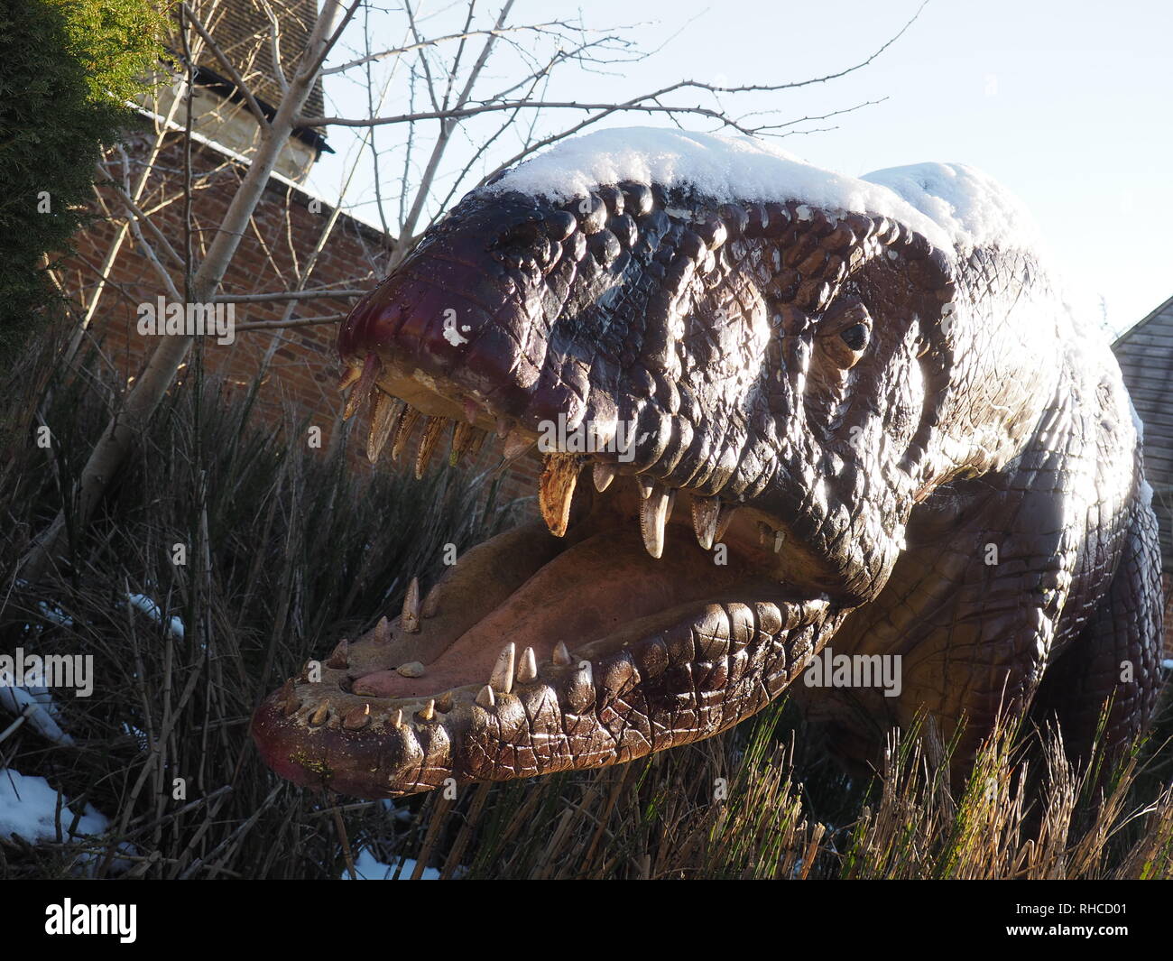 Woodstock, Oxfordshire, UK. 2 Feb, 2019. Eine verschneite Dinosaurier im Garten in The Oxfordshire Museum. Credit: Angela Swann/Alamy leben Nachrichten Stockfoto