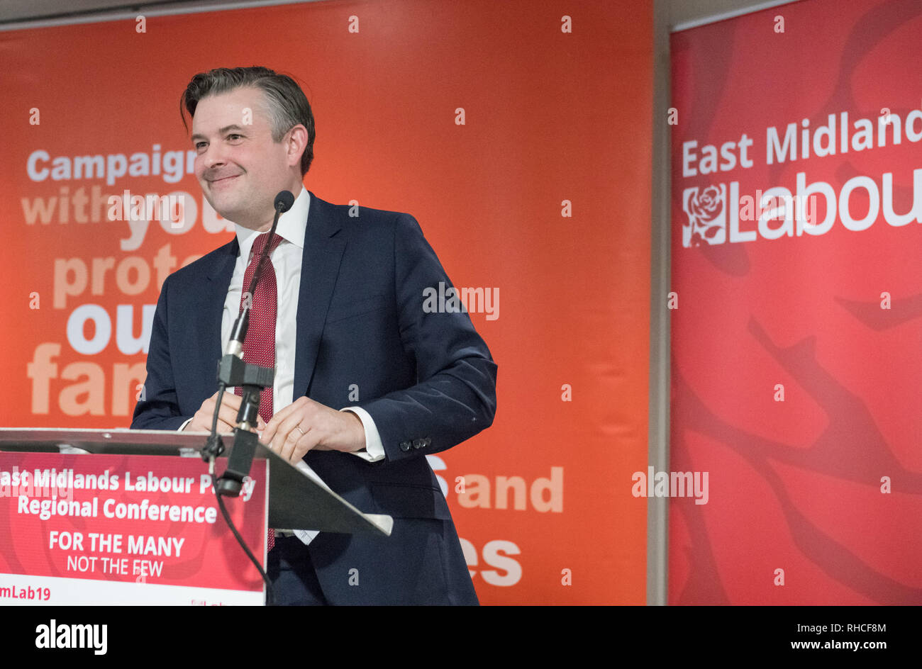 Nottinghamshire, England, UK. 2. Februar 2019. East Midlands Labour Party Conference 2019, Nottingham, Nottinghamshire, England, UK. 2. Februar, 2019. Labour's Shadow Staatssekretär für Gesundheit und soziale Betreuung Jon Ashworth M.P. debattieren die Labour Party auf der National Health Service mit parteimitglieder an der East Midlands Labour Party Conference 2019. Alan Beastall/Alamy leben Nachrichten Stockfoto