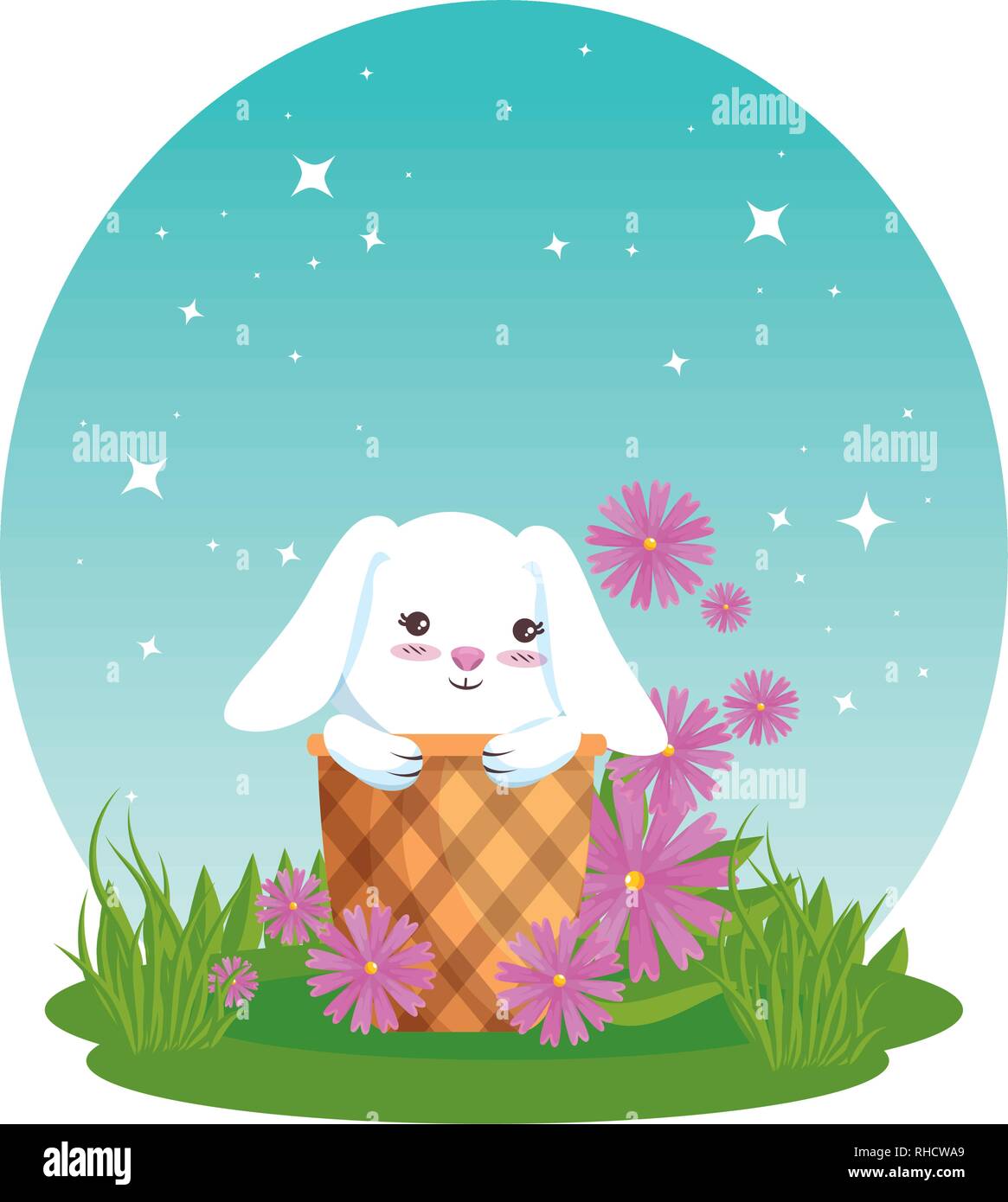 Niedliche Hase im Korb mit Blumen Stock Vektor