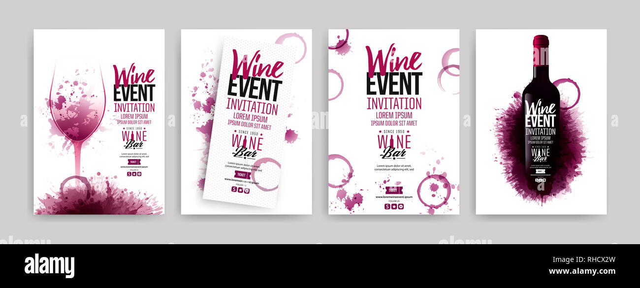 Sammlung von Vorlagen mit Wein Designs. Broschüren, Plakate, Einladungskarten, promotion Banner, Menüs. Wein Flecken Hintergrund. Vector Illustration Stockfoto Sammlung von Vorlagen mit Wein Designs. Broschüren, Plakate, Einladungskarten, promotion Banner, Menüs. Wein Flecken Hintergrund. Vector Illustration Stockfoto