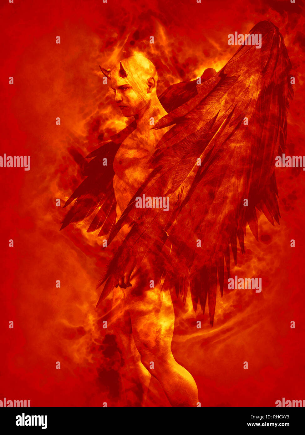 Abbildung des Teufels Charakter in Brand - 3D-Rendering Stockfoto