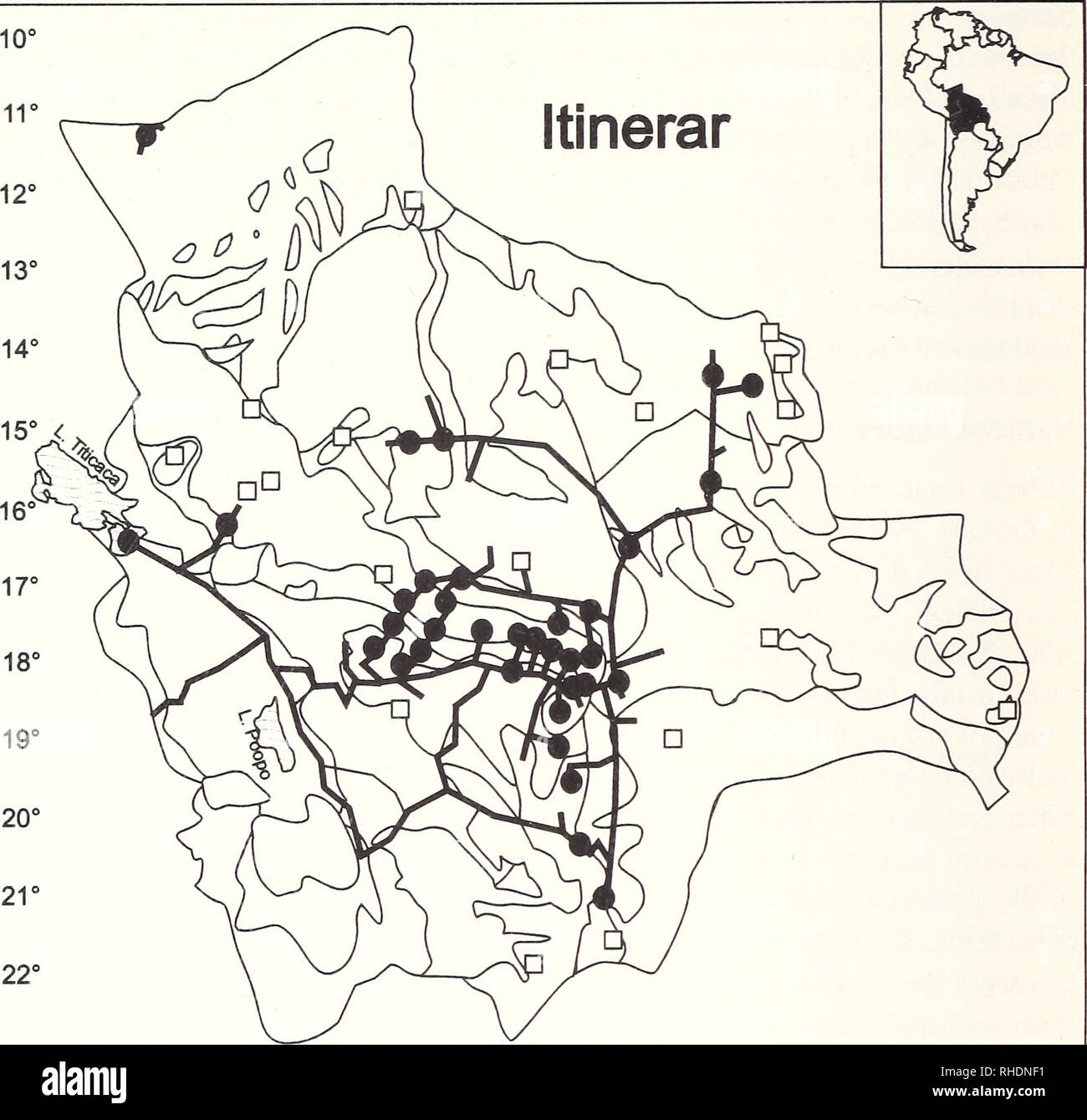 . Bonner zoologische nach 1550. Zoologie. 30. 68° 66° 64° 62° 60° 58° 69° 67° 65° 63° 61° 59° Abb. 5: Itinerar. Spots zeigen Seiten, die mindestens vier Tage untersucht wurden. Offene Quadrate zeigen an Standorte untersucht, die von anderen Herpetologen. Daten aus diesen Studien wurden in die Analyse einbezogen. Die Regionen, die durch eigene Studien abgedeckt sind ungefähr die folgenden: feucht Wald der Cambrian Schild im northeren Departamento Santa Cruz einschließlich Granitartigen Felsens Aufschlüsse (inselbergs) und schwimmende Wiesen (Oktober 1994); semi-feucht Chiquitania Wälder im Norden Departamento Stockfoto