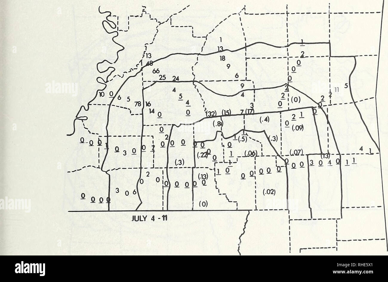 . Boll rüsselkäfer Unterdrückung, Verwaltung und Beseitigung Technologie: Verfahren der Konferenz, Februar 13-15, 1974, Memphis, Tennessee. Boll Rüsselkäfer, Kontrolle, Kongresse. Abbildung 2 - Zahl der boll Rüsselkäfer/10 Leggett Traps, June 6-13, 1973. Noncottonfield Seiten unterstrichen; Einheit Durchschnittswerte in Klammern.. Abbildung 3 - Zahl der boll Rüsselkäfer/10 Leggett Traps, July 4-11, 1973. Noncottonfield Seiten unterstrichen; Einheit Durchschnittswerte in Klammern. 105. Bitte beachten Sie, dass diese Bilder aus gescannten Seite Bilder, die digital für die Lesbarkeit verbessert haben mögen - Färbung und Aussehen dieser Kranke extrahiert werden Stockfoto