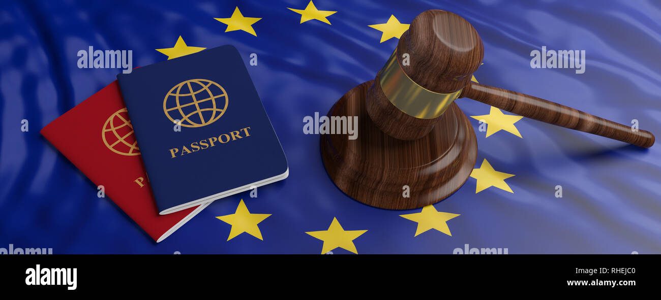 EU Zuwanderungsrecht. Zwei Pässe und ein Richter Hammer auf die Fahne der Europäischen Union Hintergrund, Banner. 3D-Darstellung Stockfoto