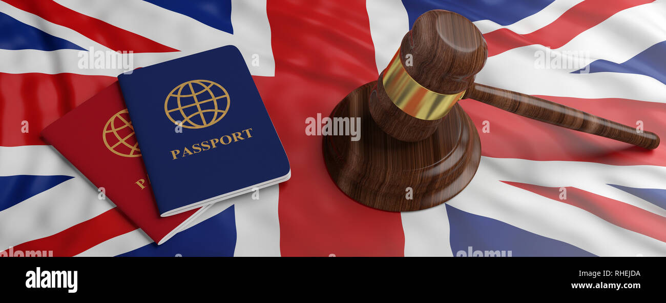 UK Zuwanderungsgesetz. Zwei Pässe und ein Richter Hammer auf Großbritannien Flagge Hintergrund, Banner. 3D-Darstellung Stockfoto