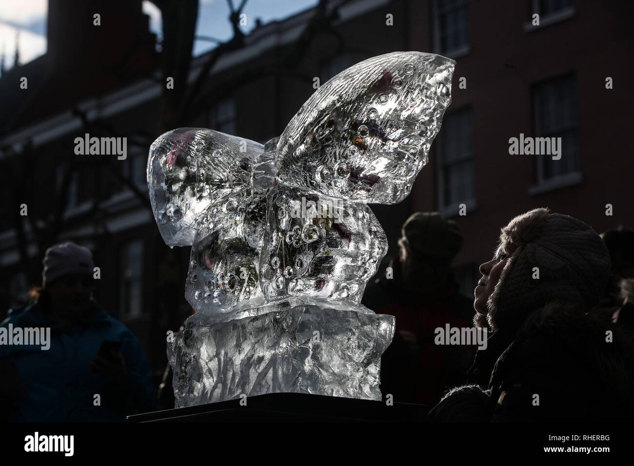 Mitglieder der öffentlichkeit mit einer eisskulptur eines Schmetterlings, Teil von York Eis Trail, in Yorkshire, nach Schneefällen gestern und über Nacht werden voraussichtlich weit verbreiteten Störungen zu bringen. Stockfoto