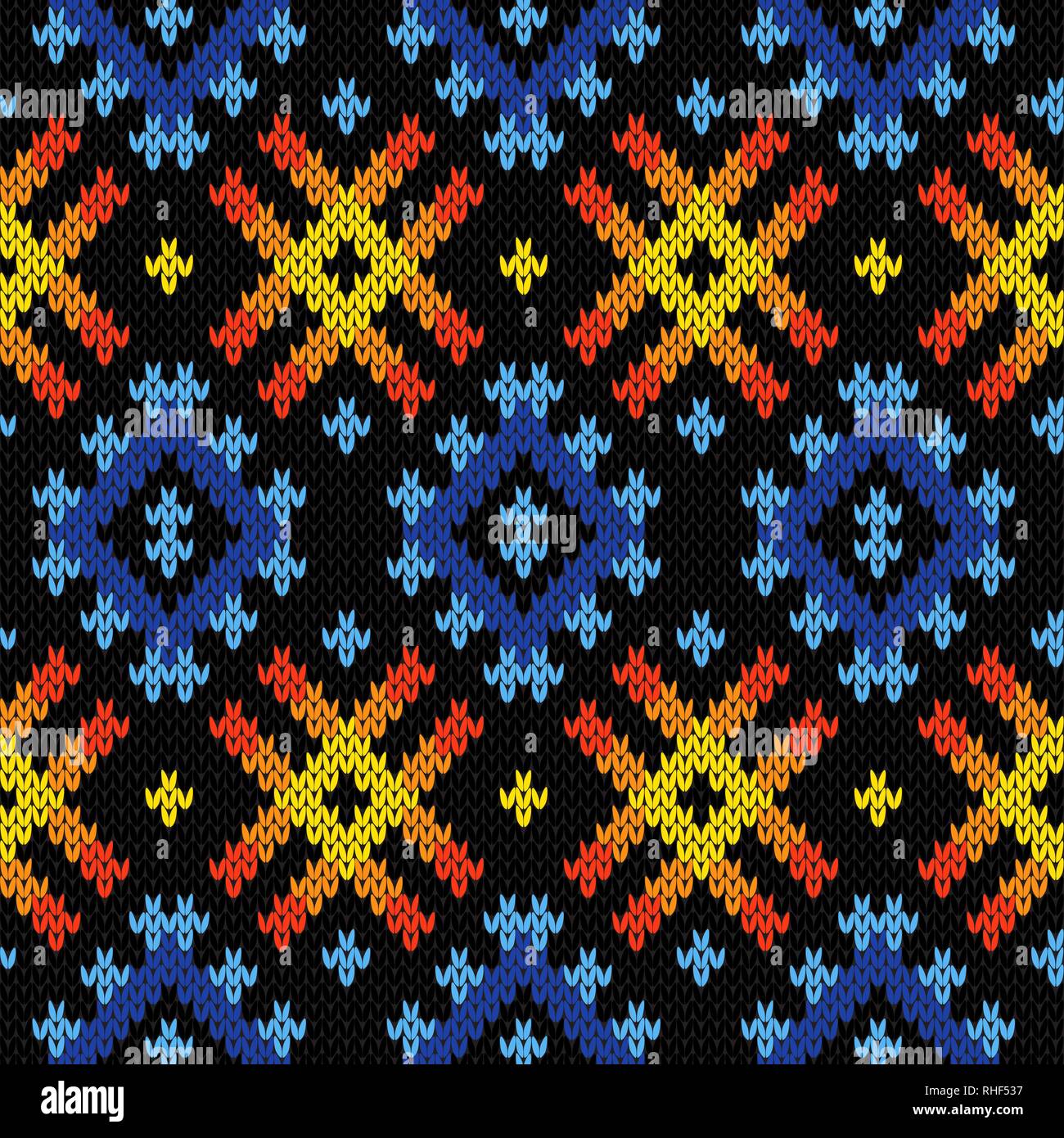 Anders Gestrickte nahtlose geometrische Muster in Gelb, Orange und Blau auf schwarzem Hintergrund, vector Pattern als Stoff Textur Stock Vektor