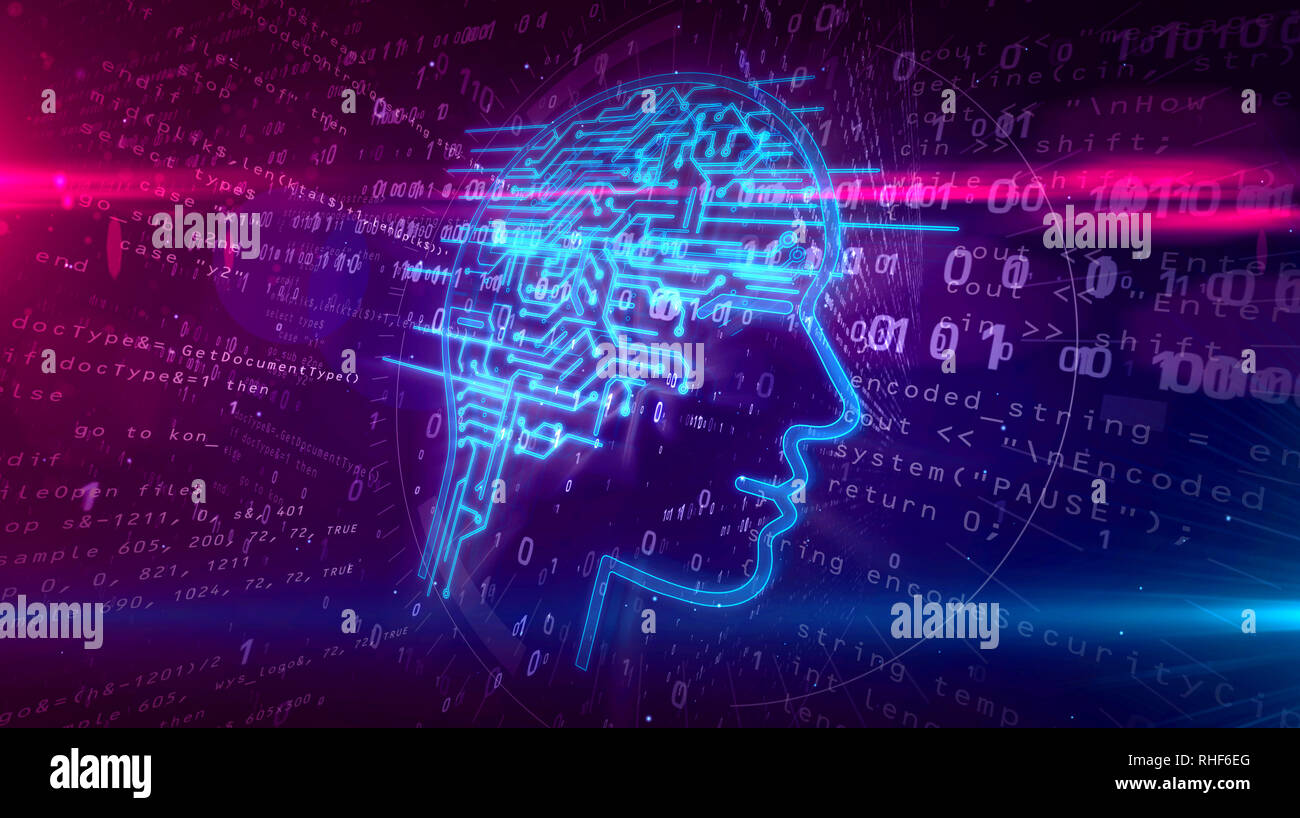 Künstliche Intelligenz Kopfform auf digitalen Hintergrund. AI und der Kybernetischen Gehirn abstrakte Konzept 3D-Abbildung. Stockfoto