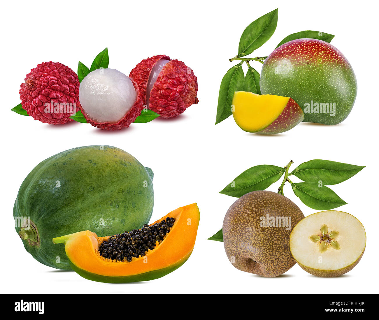 Sammlung von exotischen Früchten auf weißem Hintergrund Stockfoto