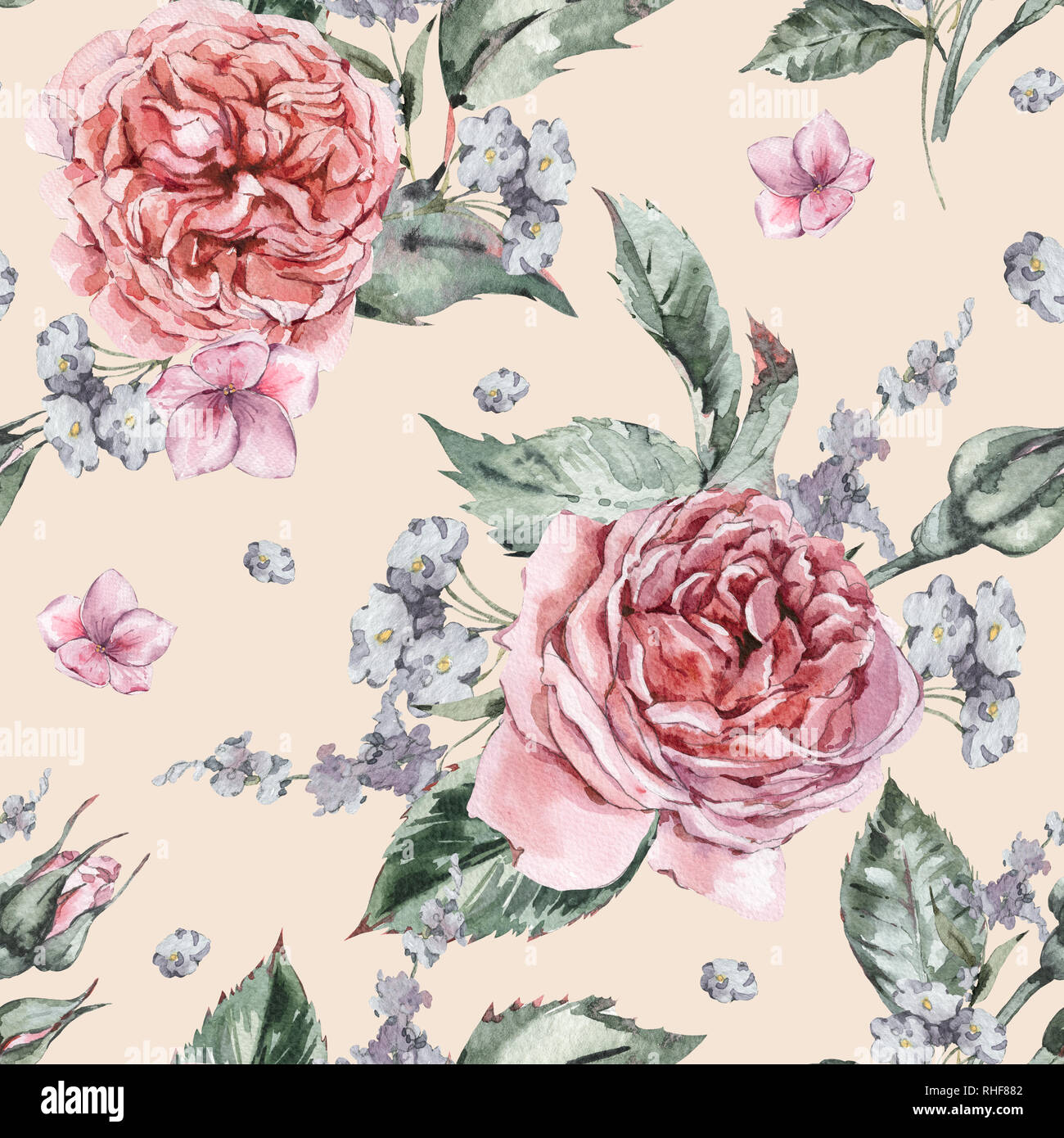 Klassische Aquarell Vintage Floral nahtlose Muster, Aquarell Strauß roter Rosen und Wildblumen, Botanische natürliche Abbildung auf Beige Backgro Stockfoto
