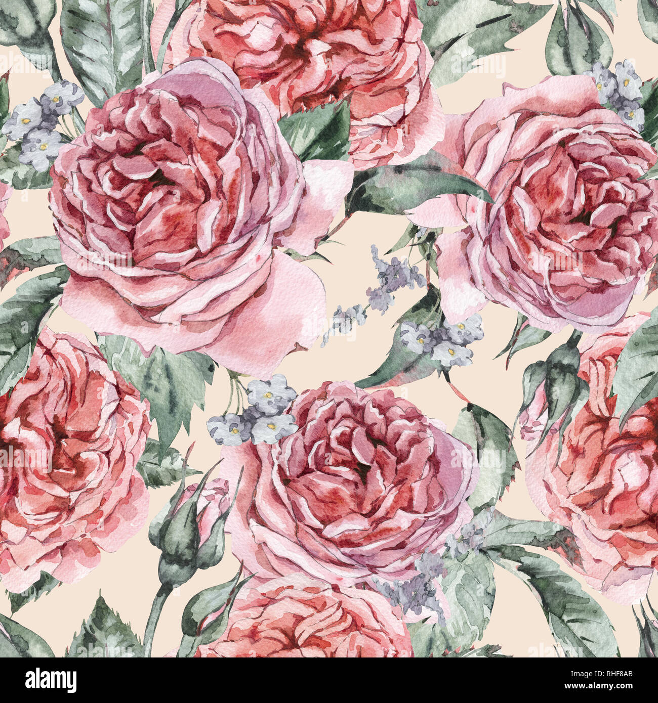 Klassische Aquarell Vintage Floral nahtlose Muster, Aquarell Strauß roter Rosen und Wildblumen, Botanische natürliche Abbildung auf Beige Backgro Stockfoto