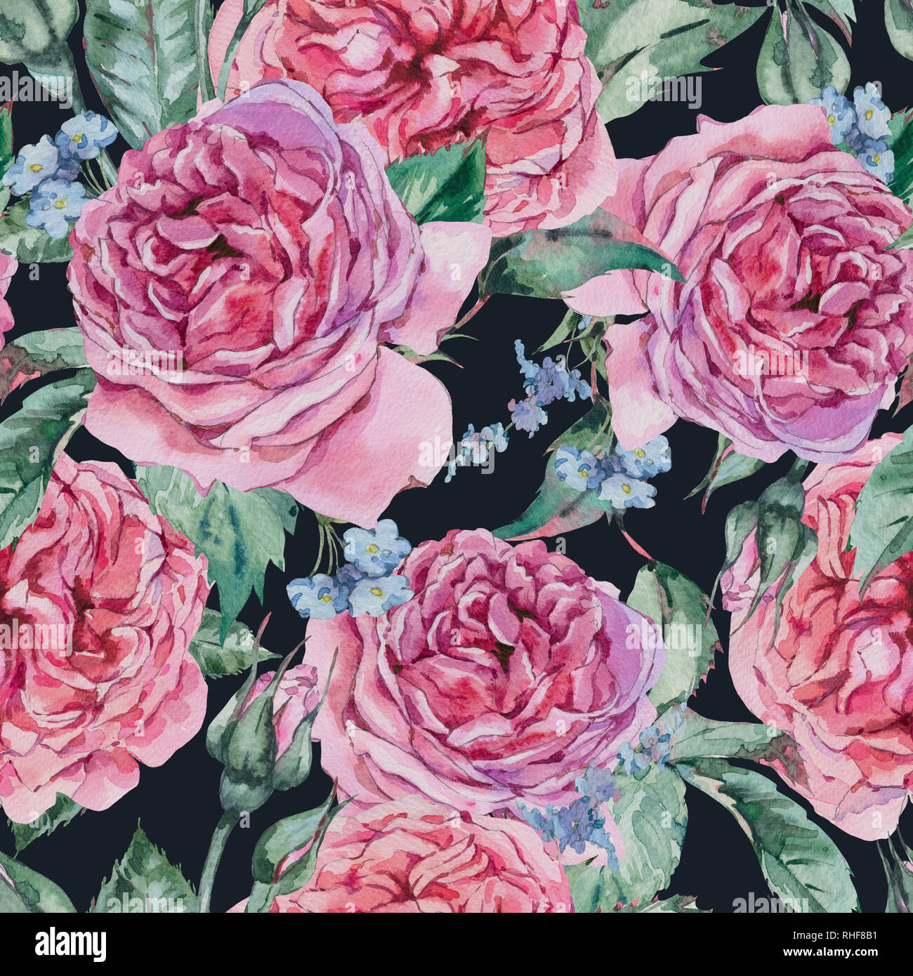 Klassische Aquarell Vintage Floral nahtlose Muster, Aquarell Strauß roter Rosen und Wildblumen, Botanische natürliche Abbildung auf Schwarz Backgro Stockfoto