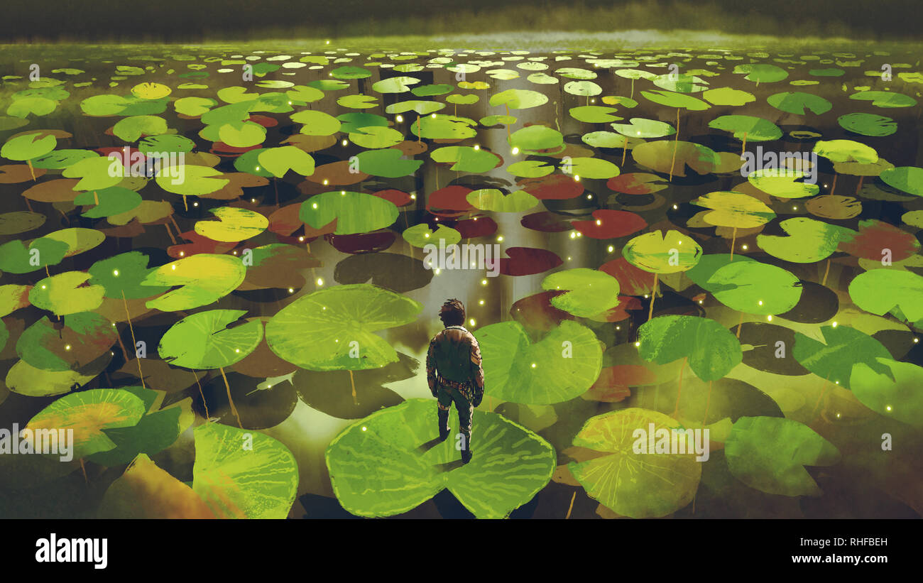Junger Mann auf riesigen Lily pad Leaf in Fantasy Sumpf, digital art Stil, Illustration Malerei Stockfoto