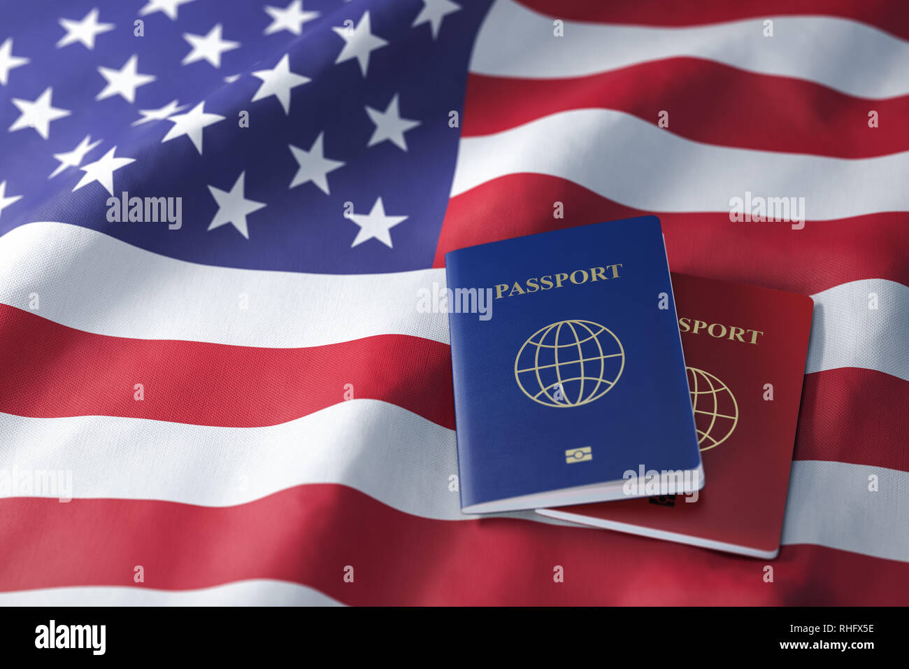 Die Pässe auf die Flagge der USA United Ststes. Ein Visum für die USA, Reisen, Einbürgerung und Einwanderung Konzept. 3D-Darstellung Stockfoto