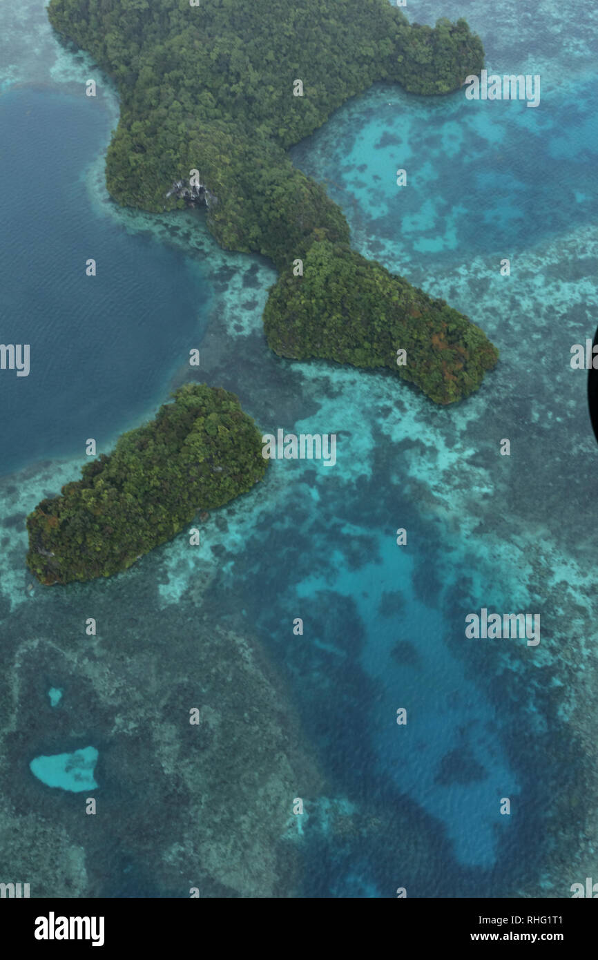 Luftaufnahme von winzigen südpazifischen Inseln mit üppiger Vegetation und Korallenriffe in türkis Meer bedeckt Stockfoto