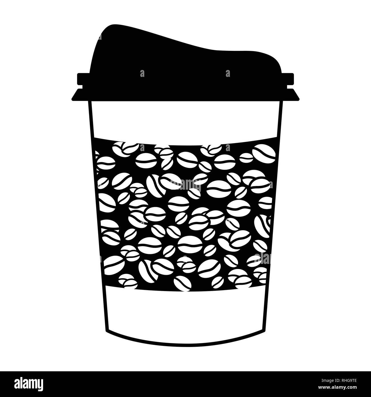 Kunststoff Kaffeetasse, Kaffeebecher und Tasse mit Kaffee Bohne Banner zu gehen, skizzierte in schwarzer Tinte auf weißem Hintergrund Vector Illustration Stock Vektor