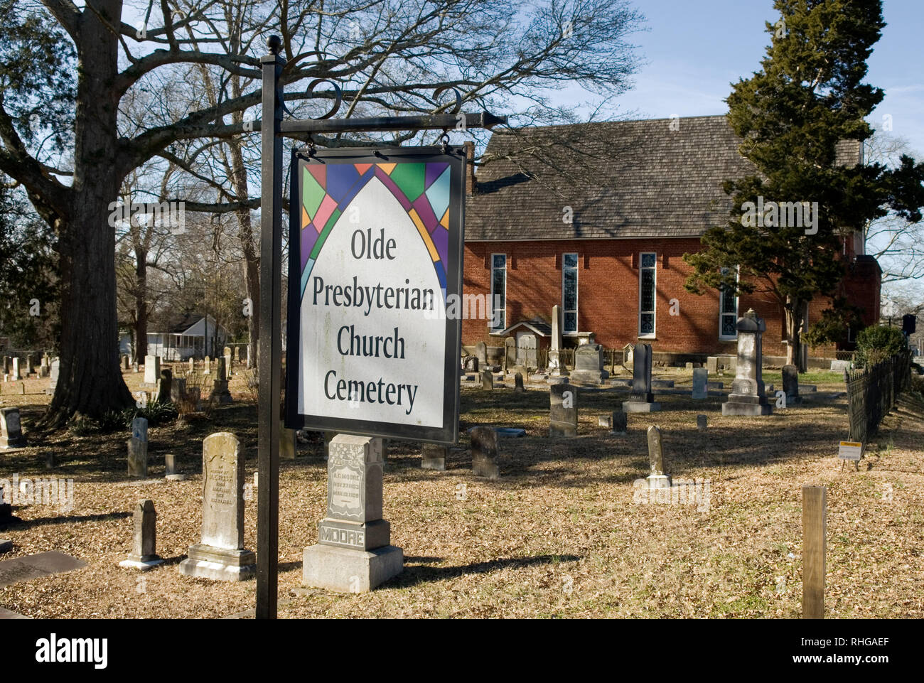 Olde Presbyterian Church Cemetery sign, Lancaster South Carolina USA. Stockfoto