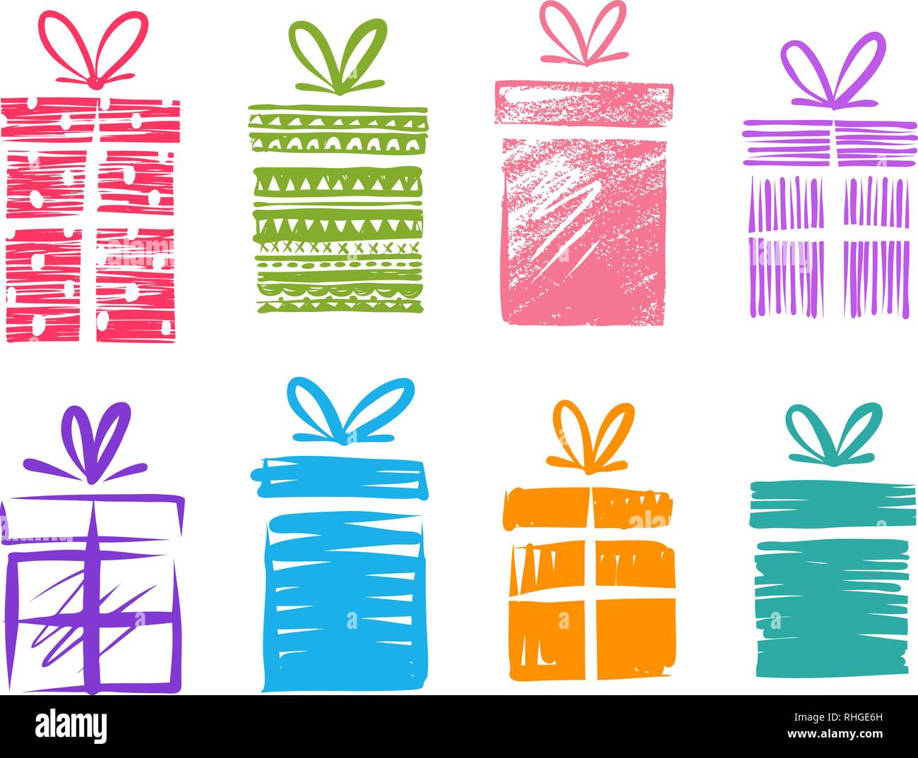 Geschenkboxen mit Bogen, der Symbole festlegen. Doodle Vector Illustration Stock Vektor