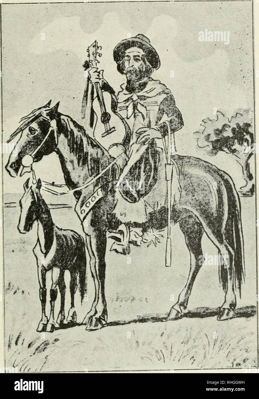 . Boletín. Wissenschaft. R. LEHMANX - N'ITSCHE: SANTOS VEGA 215 zán Tostado, famoso parejero del que no se separaba Uno momento, y un potrillo Guacho que seguía Al parejero, y a quien Se llamaba el Mataco a causa de la redondez de la Barriga.. El payador Santos Vega en su alazán Tostado, acompañado del Mata-co.de la Ilustración novela Santos Vega de Eduardo Gutiérrez (EDI-Ción de Montevideo, 1913). En cuanto Vega desmontaba, El alazán y el Mataco se echaban de-tras de se Como si hubieran Sido dos perros. Lo primero que pedía, era una mción para sus Amigos que cuidaba con un esmero y una prolijida Stockfoto