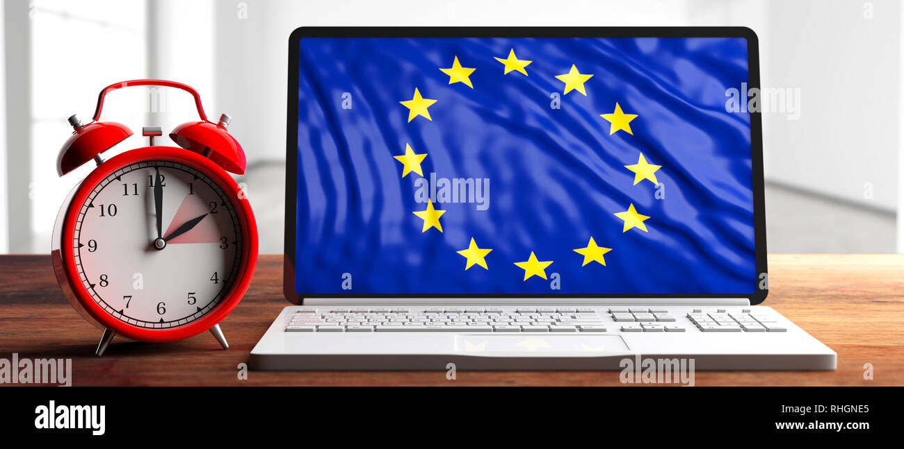Europäische Sommerzeit Ende rot Wecker und EU-Flagge auf einem Laptop Bildschirm auf hölzernen Schreibtisch, Banner. 3D-Darstellung Stockfoto