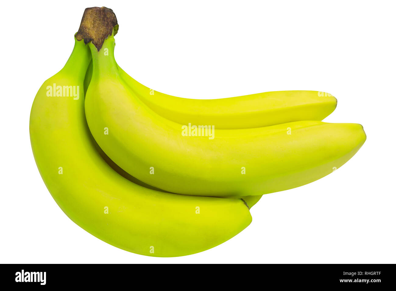 Gelbe Bananen auf weißem Hintergrund. In der Nähe von reifen Bananen. Gruppe von Bananen. Stockfoto