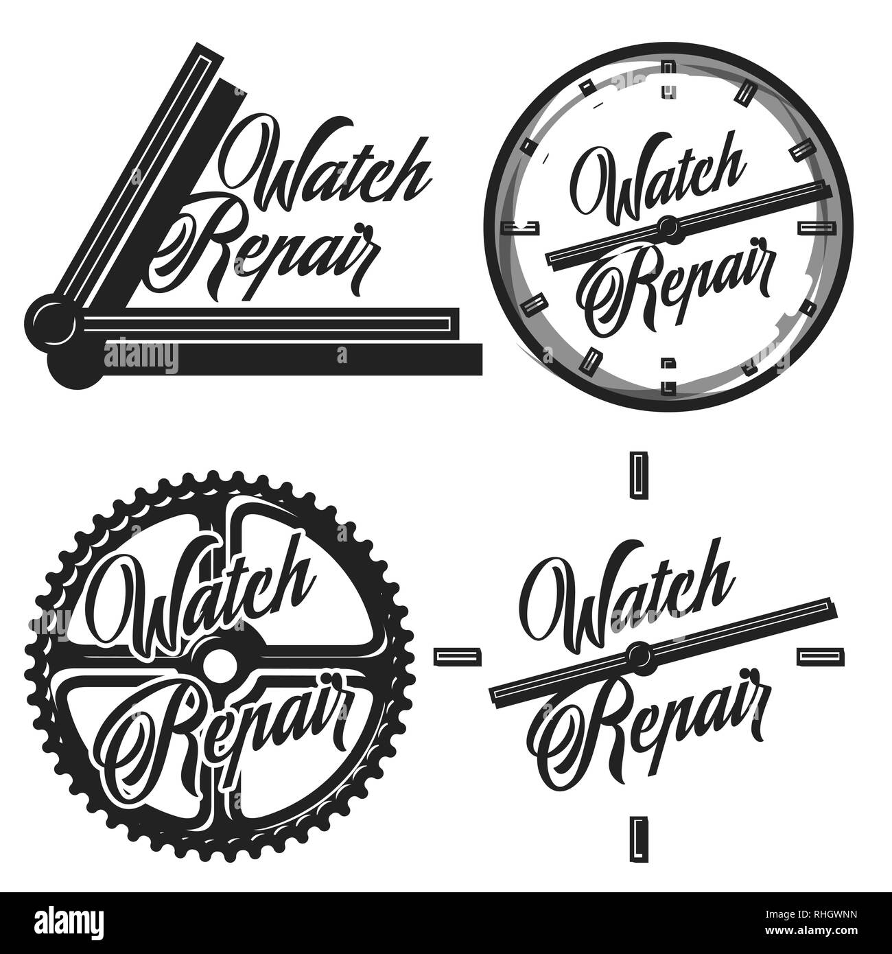 Farbe Vintage Uhren Reparatur Embleme, Etiketten, Abzeichen und Designelementen. Vector Illustration, EPS 10. Stock Vektor