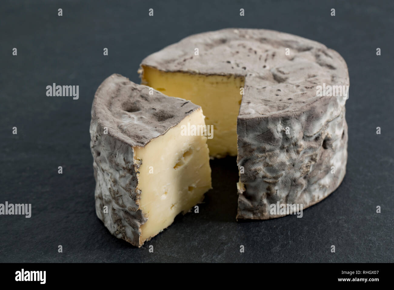 Schimmel - gereifte Hirten Geldbeutel Bluemin weißer Käse aus Yorkshire Kühe Milch hergestellt. Auf einem dunklen Hintergrund fotografiert, Schiefer. England UK GB Stockfoto