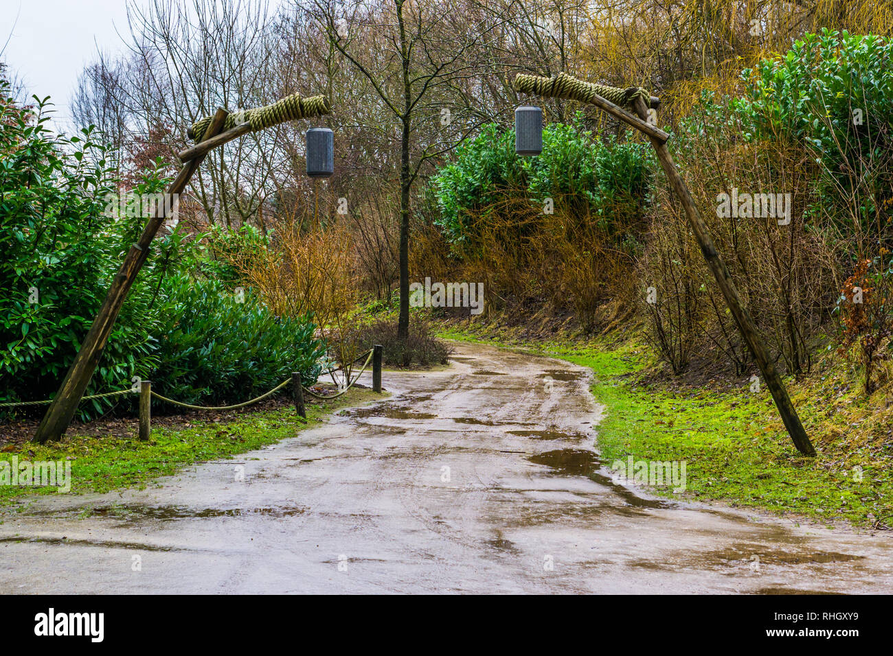 Schlammigen Wald Straße an einem regnerischen Tag, vintage Laternen hängen auf Holzpfähle als Dekoration und Beleuchtung, Landschaft im Wald Stockfoto