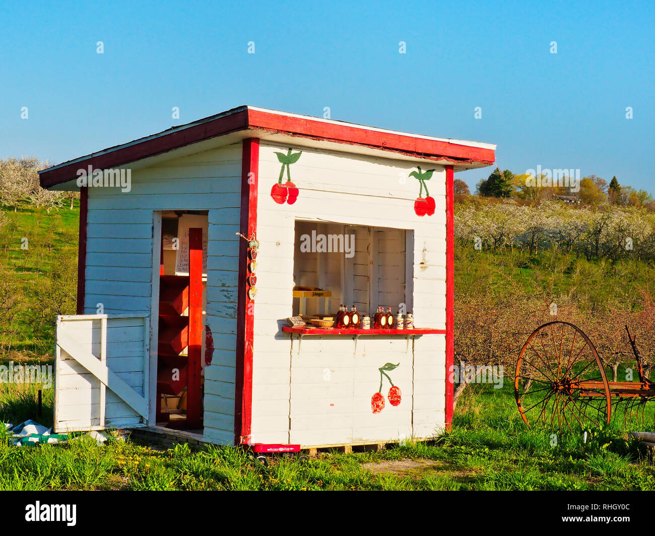 Am Straßenrand Cherry & Ahornsirup stehen, Old Mission Peninsula, Old Mission, Michigan, USA Stockfoto