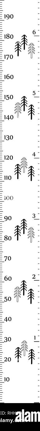 Kinder Höhe chart in minimalistischen skandinavischen Stil mit niedlichen Bäume. Meter Wand oder Höhe Meter, Zentimeter und Zoll. Vector Illustration. Stock Vektor