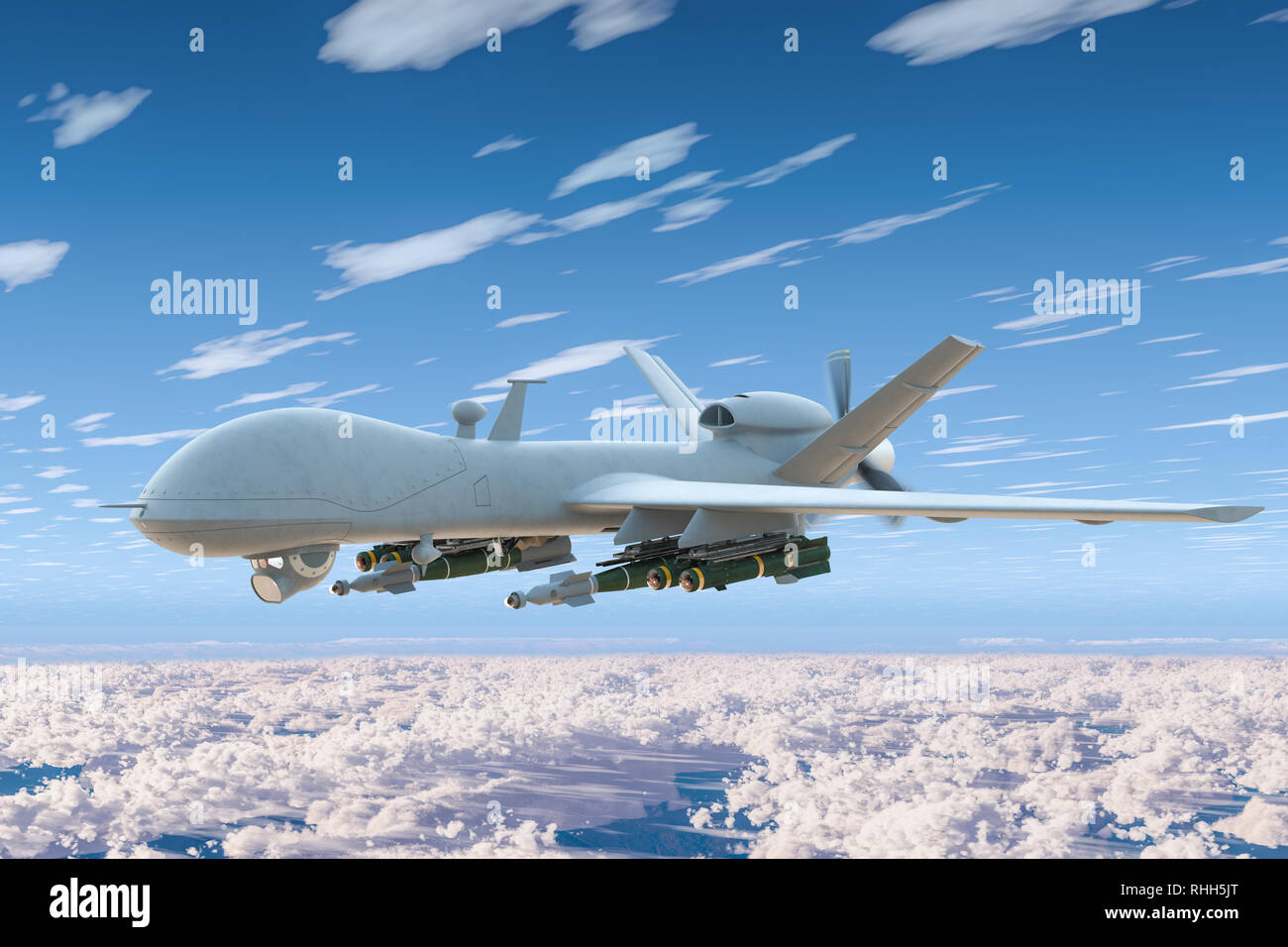 Bekämpfung der Drohne fliegen in den blauen Himmel über den Wolken. 3D-Rendering Stockfoto