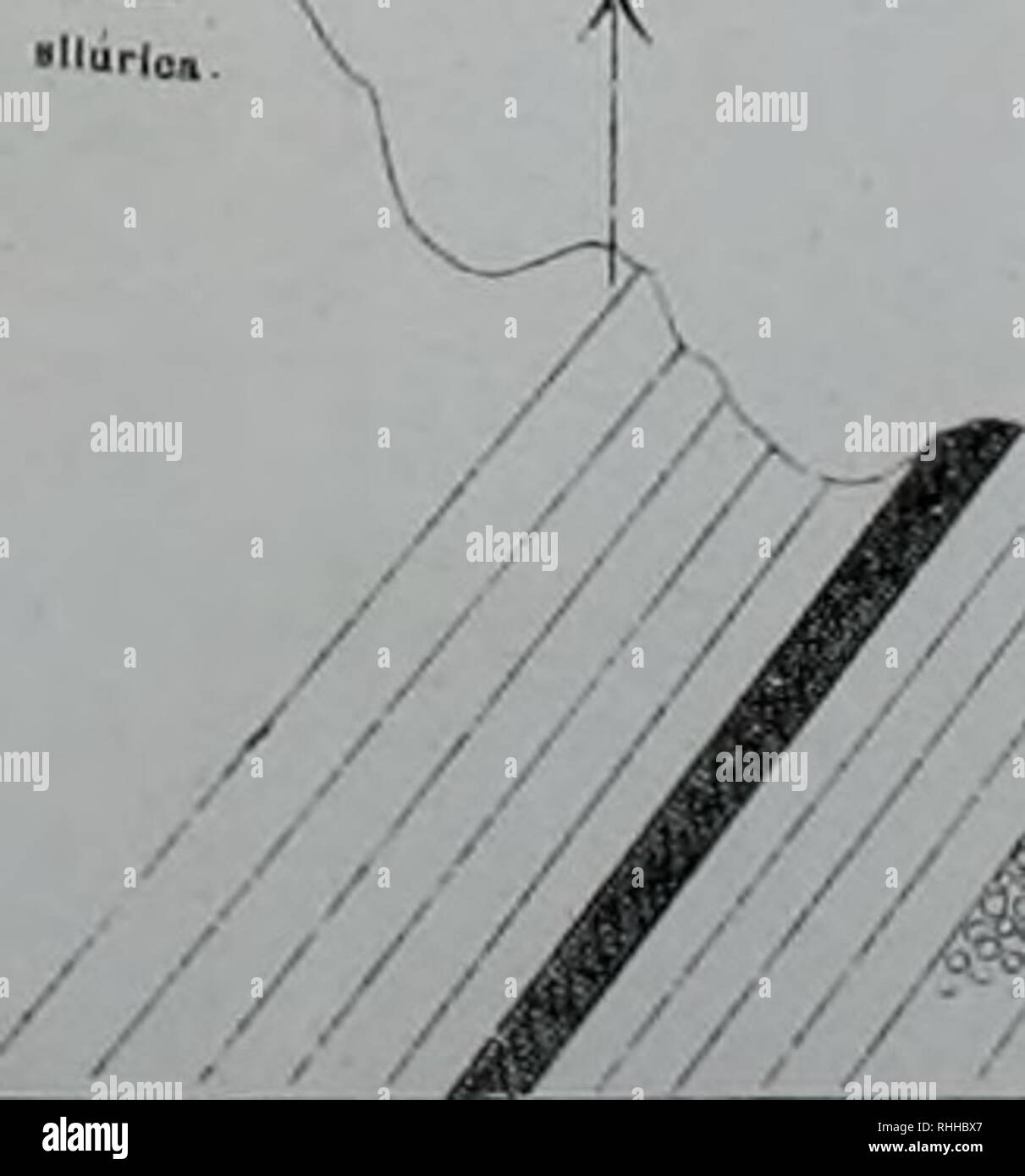. - BoletÃ n. Wissenschaft. Ich CORTE GEOLÃGICO POR L'"PEHOIENTE DE U SIERRA DE MEHDDZA AL PONIENTE DE LA CIUDAD Quebrarla de S. Isidro -^ DISLOCACIÃN Agua de ObligaciÃ³n" A b . A .,, C.r. Â: âââ. d. u,,,...,..,.,... HrN + VV V/Â¡-D 1 T^DISLOCACIÃN" "*. n. m. ,. J., m wAA^V&gt; :: vf&amp; ^^t fhau - eine kpagayos Cerrito del Pilar" • "â"¢â""""" • Cerro Azul II CORTE POR EL CERRO AZUL (MINA DE CARBÃN) Y LA QUEBRADA DEL TORO" - Er'^h Cerro Azul"^^-DISLOCACIÃN. Bitte beachten Sie, dass diese Bilder aus scanne extrahiert werden Stockfoto