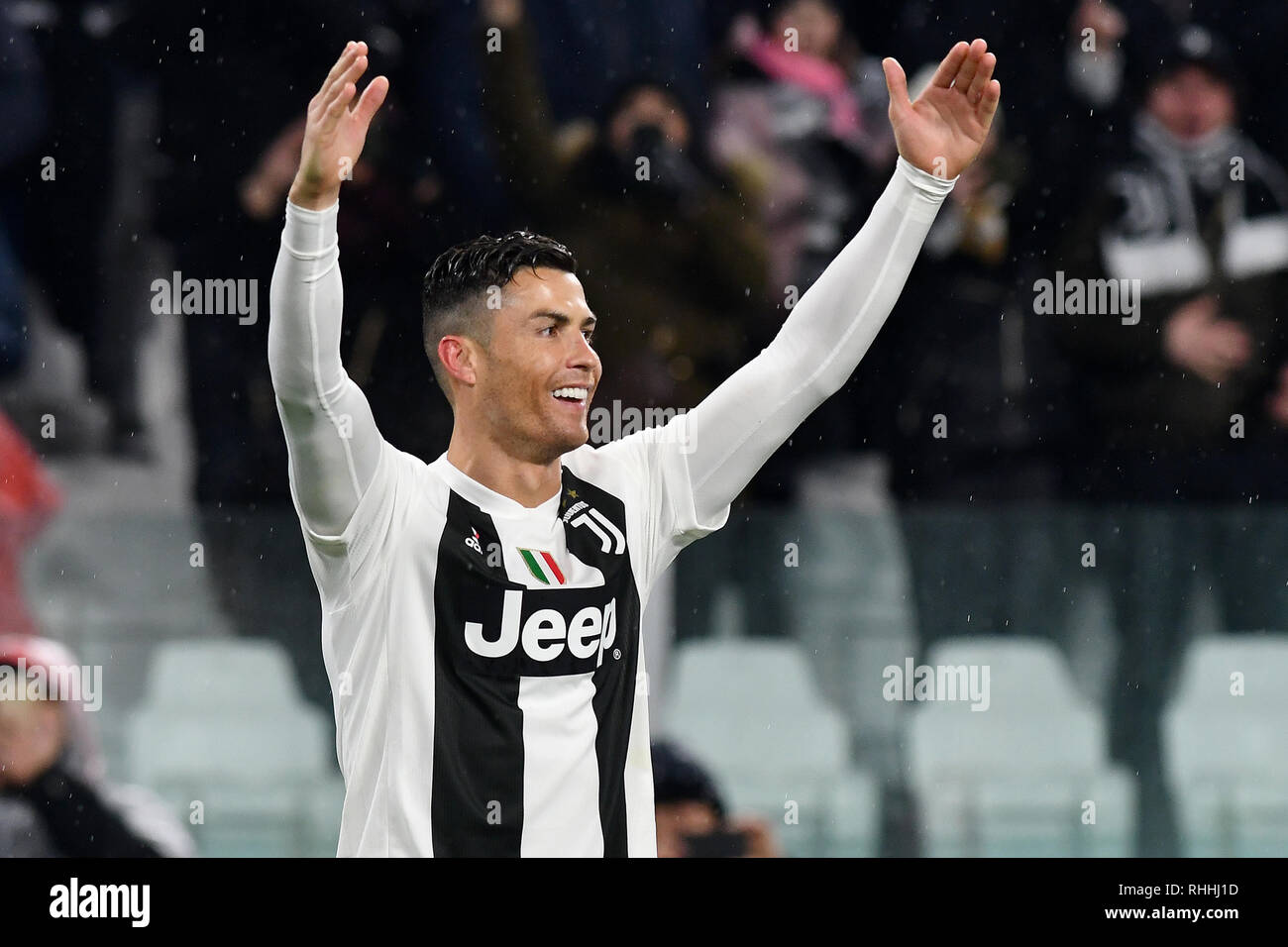 Cristiano Ronaldo von Juventus Turin feiert nach dem Scoring Das Ziel von 3-1 in der Serie A 2018/2019 Fußballspiel zwischen Juventus Turin und Parma an der Allia Stockfoto