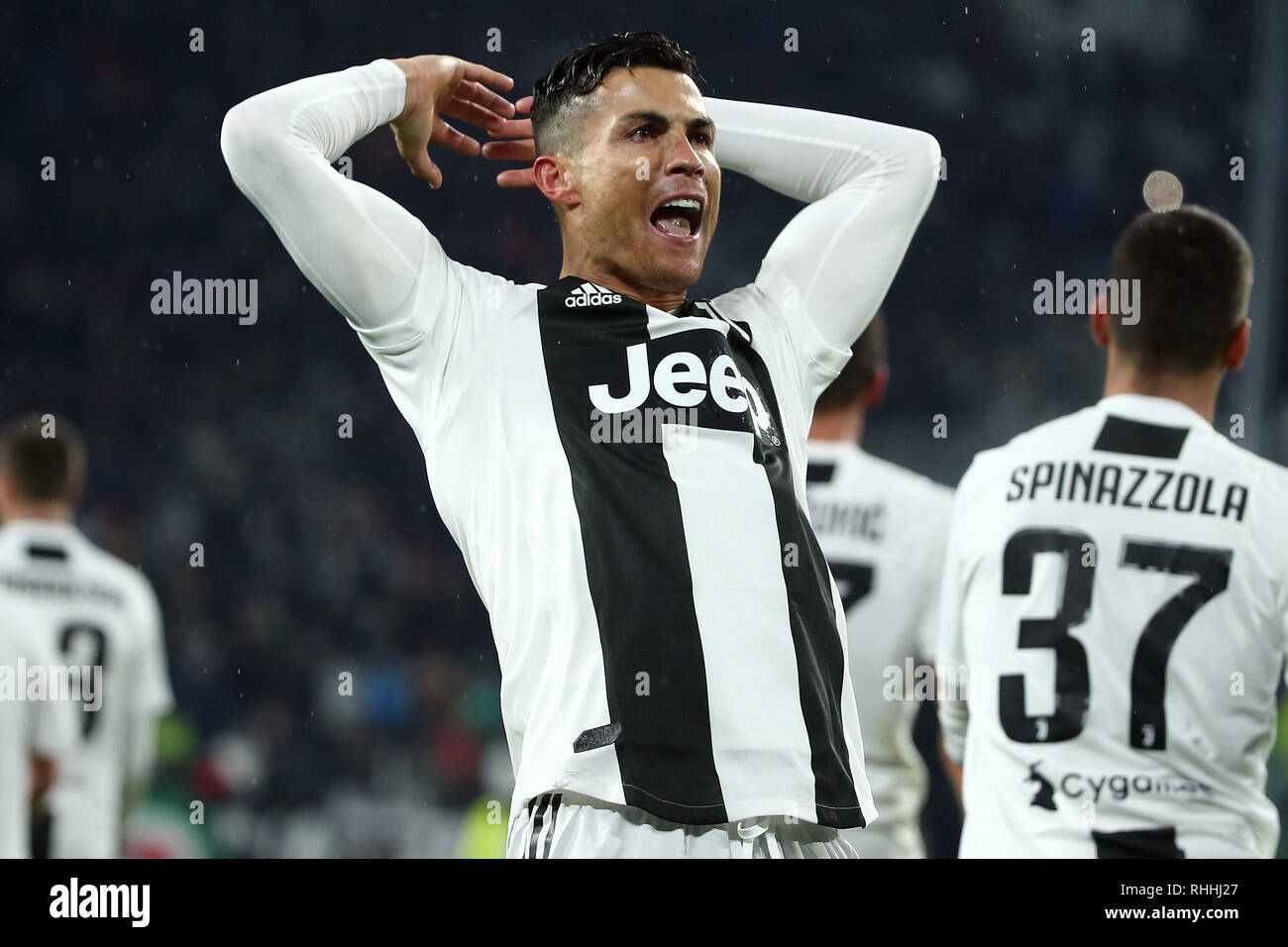Cristiano Ronaldo von Juventus Turin feiert nach dem Scoring Das Ziel von 3-1 in der Serie A 2018/2019 Fußballspiel zwischen Juventus Turin und Parma an der Allia Stockfoto