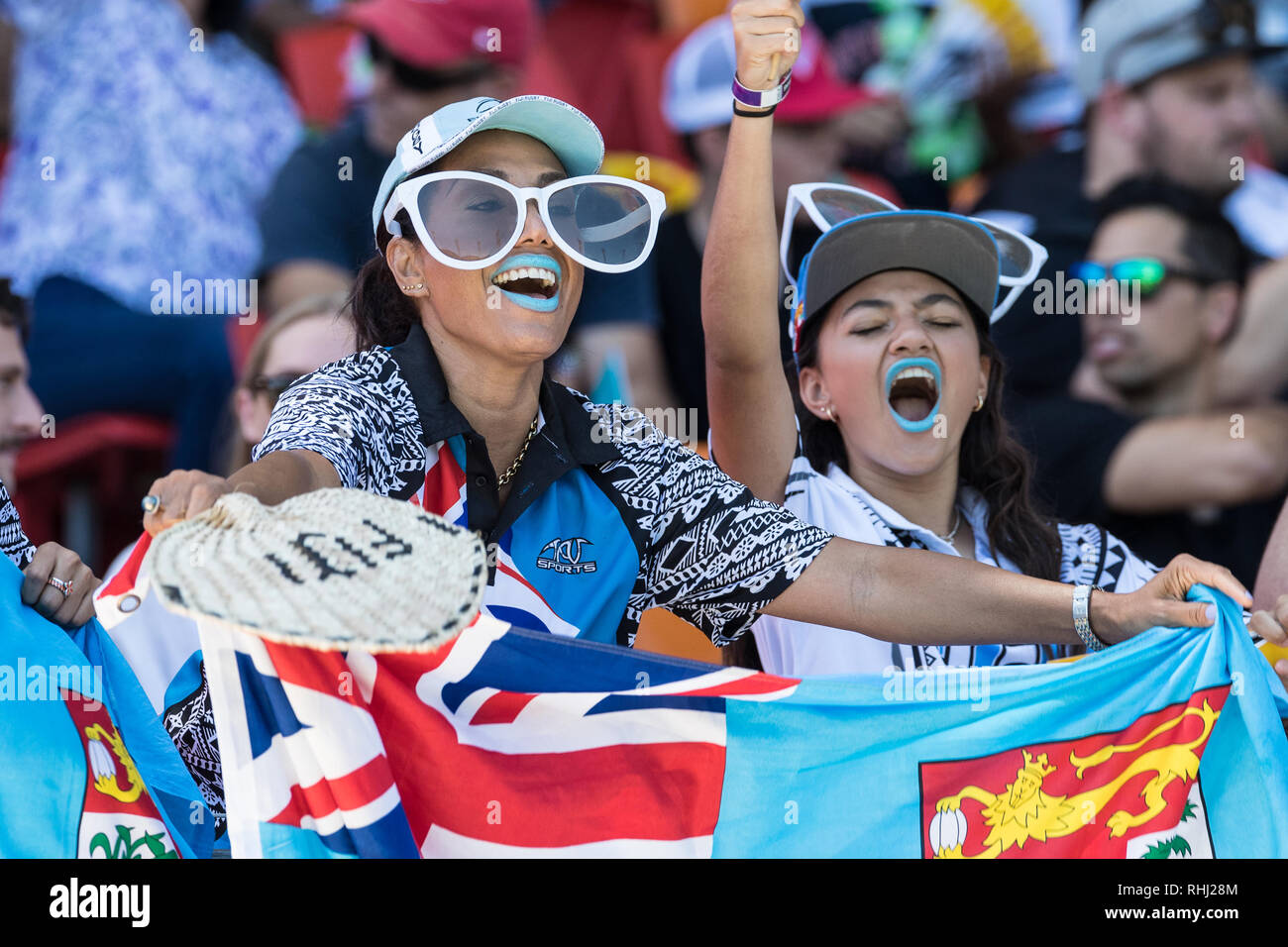 Sydney, Australien. 3. Feb 2019. Fidschi Fans während der 2019 HSBC Sydney 7s im Sydney Olympic Park, Sydney, Australien, am 3. Februar 2019. Foto von Peter Dovgan. Credit: UK Sport Pics Ltd/Alamy leben Nachrichten Stockfoto