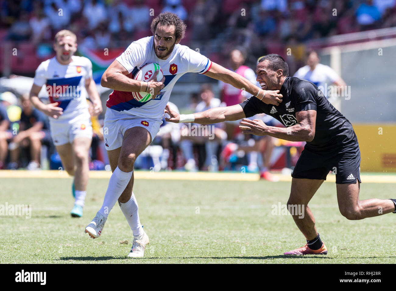 Sydney, Australien. 3. Feb 2019. Frankreich auf dem Angriff gegen Neuseeland während der 2019 HSBC Sydney 7s im Sydney Olympic Park, Sydney, Australien, am 3. Februar 2019. Foto von Peter Dovgan. Credit: UK Sport Pics Ltd/Alamy leben Nachrichten Stockfoto