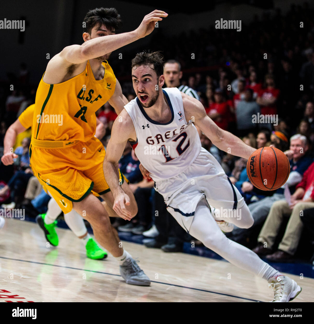 McKeon Pavillon Moraga Calif, USA. 02 Feb, 2019. Usa St. Mary's Guard Tommy Kuhse (12) Laufwerke mit dem Korb beim Basketballspiel der NCAA Men zwischen San Francisco zieht und die Saint Mary's Gaels 86-80 Gewinn an McKeon Pavillon Moraga Calif Thurman James/CSM/Alamy leben Nachrichten Stockfoto