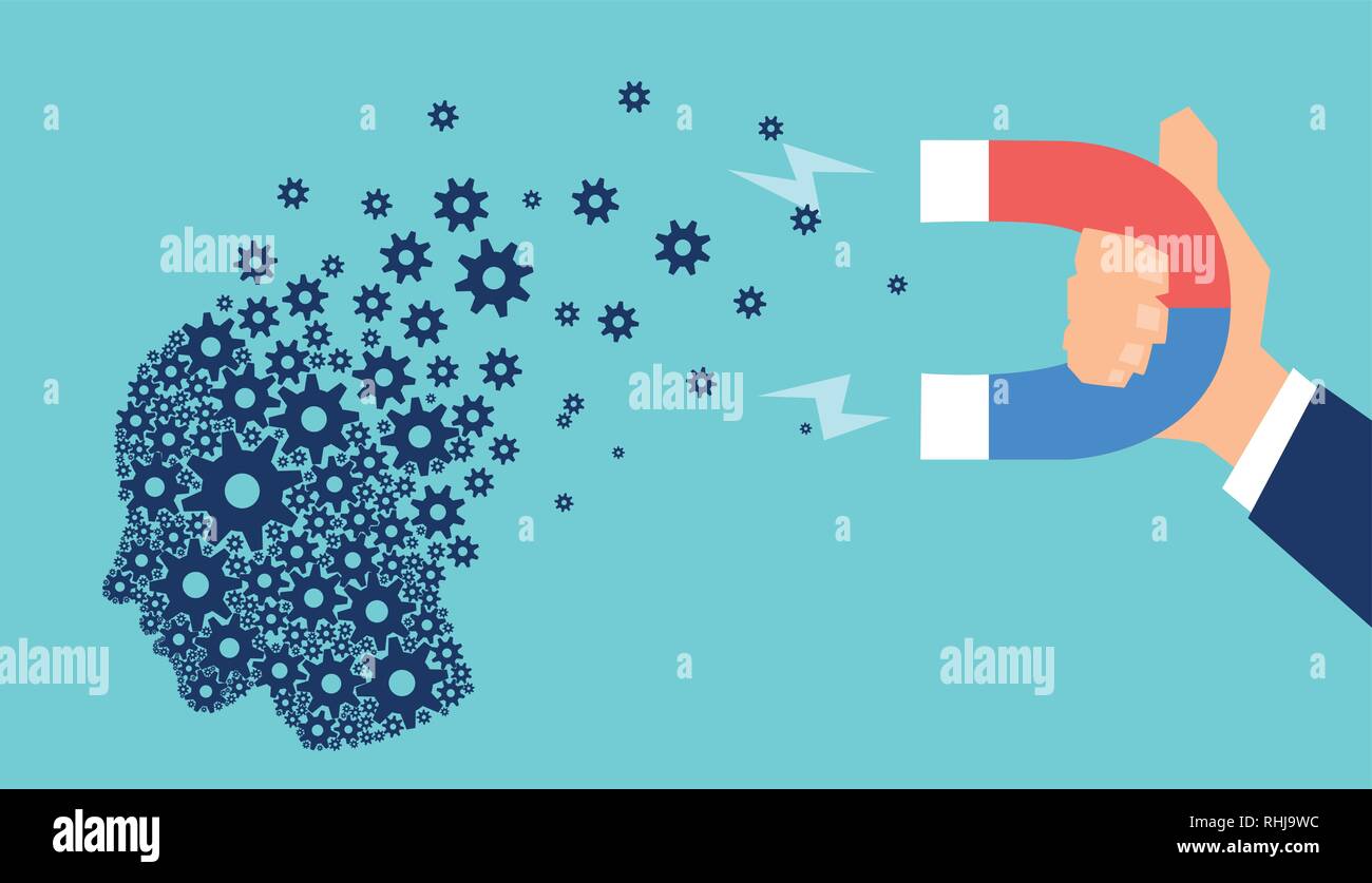 Artifial Intelligence Technologie Patent betrug Konzept. Vektor eines menschlichen Kopfes aus Getriebe und Zahnräder mit Magnet von corporate business angezogen werden Stock Vektor