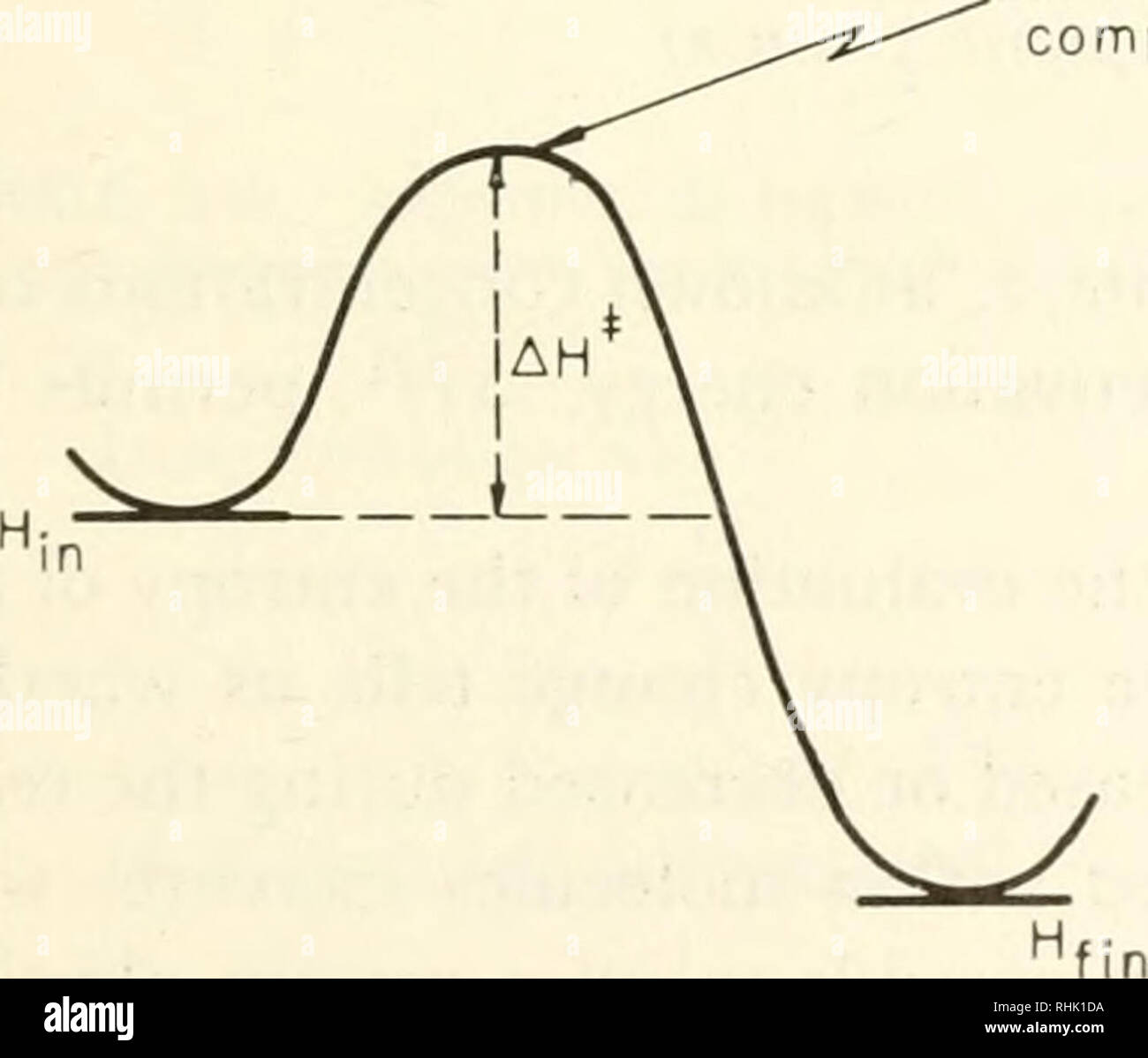 . Biophysik: Konzepte und Mechanismen. Biophysik. Steigung ein Protokoll V A L/T 2.303 R (T in Grad Kelvin) Abbildung 8-3. Arrhenius Grundstück von Log Rate vs. l/T; Bestimmung der Aktivierungsenergie. In Abbildung 7-3, die einen Prozess beschreibt, ausgehend von einem Anfangszustand in einen Endzustand, wissen wir jetzt aus der vorangegangenen Diskussion, es muss mit der Einfügung einer Aktivierung "Hump" oder in der Bar geändert werden - rier (siehe Abbildung 8-4). So E* auf die zusätzliche Hitze Inhalt, einen //} verknüpft ist, wird die Hitze Inhalt ändern zwischen Grundzustand und Zustand "aktiviert". Komplexe c-UJ aktiviert. St Stockfoto