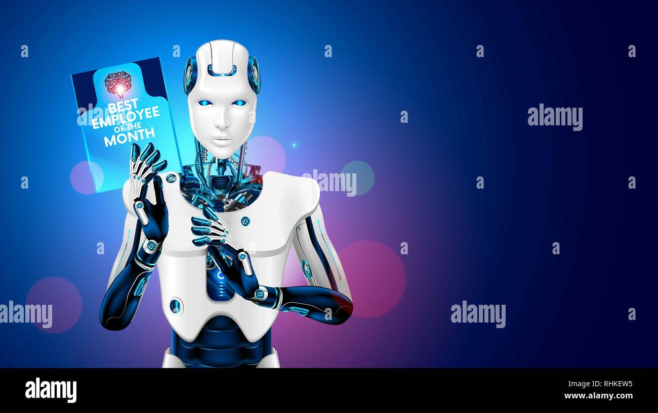 Roboter am besten Mitarbeiter des Monats nimmt das Werk eines Mannes. Cyborg Arbeitnehmer hält in der Hand eine Belohnung für seine Arbeit. Arbeitslosigkeit. Industrielle Automation Stock Vektor