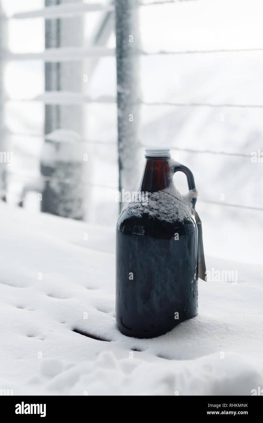 Große Flasche Handwerk Bier halten Kälte im Schnee draußen Stockfoto