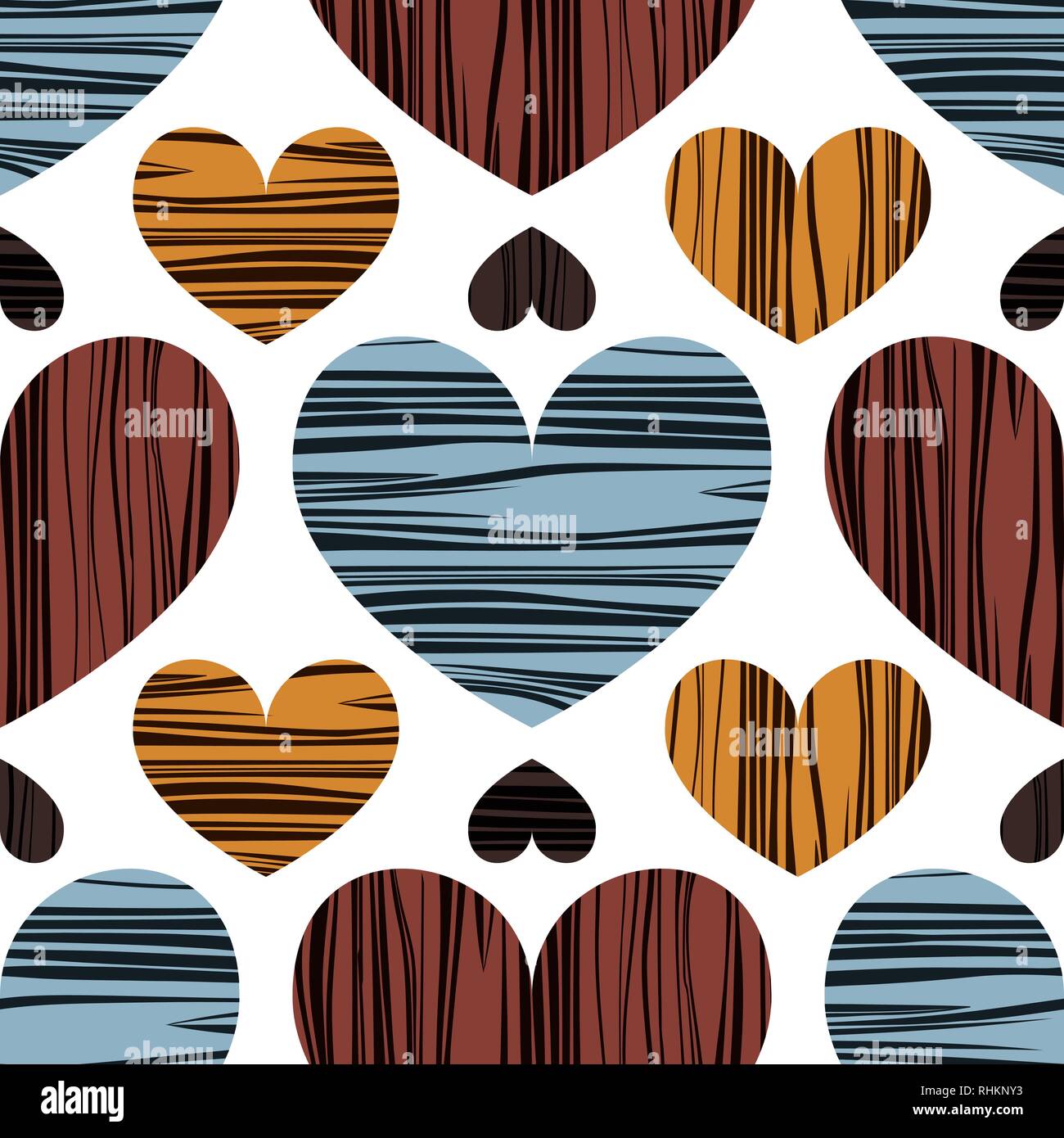 Blaue, gelbe und burgunderrote Herzen mit Streifen. Hintergrund mit nahtlosem Muster. Vektorabbildung. Hintergrundbild zum Valentinstag Stock Vektor