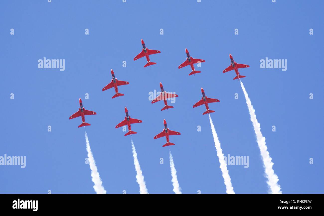 Royal Air Force aerobatic Display Team der roten Pfeile, die in der Royal International Air Tattoo 2018 Stockfoto